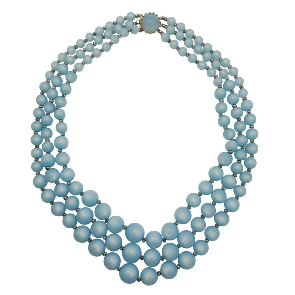 Sky Blue Beaded Acrylic Necklace Triple Strand Graduated Silver Tone Layered Vtg